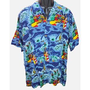 Thumbs Up Sportswear Hawaiian Shirt Medium Cotton Blue Island & Sailboat Print